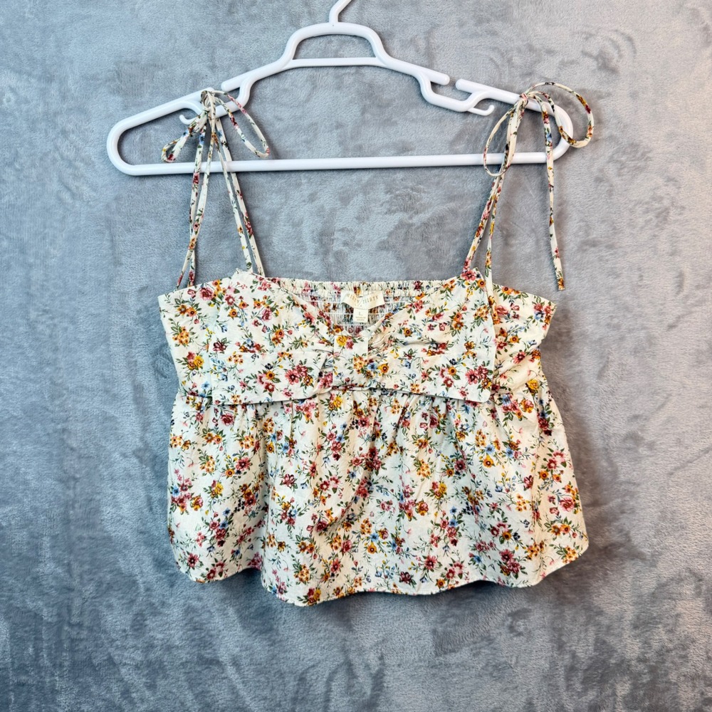 Thirty Thirty LA Floral Tie Shoulder‎ Bow Front Smocked Camisole Top Cream Large